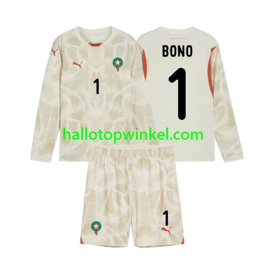 Marokko Voetbalshirt Yassine Bounou 1 Doelman Kleuters/Kids Uit Tenue 2024 Lange Mouw