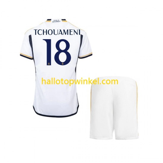 Real Madrid Voetbalshirt TCHOUAMENI 18 Kleuters/Kids Thuis Tenue 2023-2024 Korte Mouw
