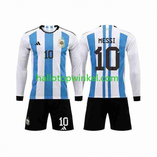 Argentinië Voetbalshirt 3 Stars Lionel Messi 10 Kleuters/Kids Thuis Tenue WK 2022 Lange Mouw