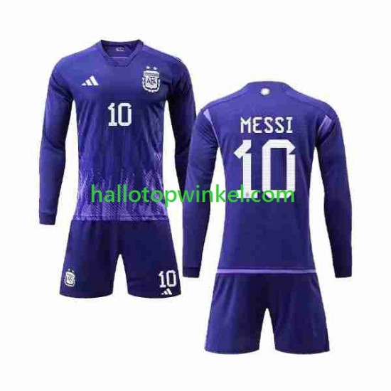Argentinië Voetbalshirt 3 Stars Lionel Messi 10 Kleuters/Kids Uit Tenue WK 2022 Lange Mouw